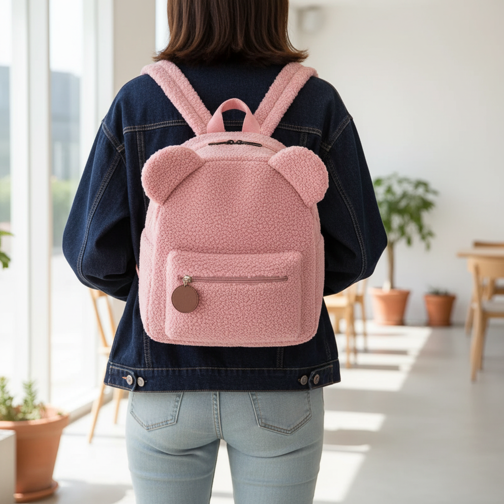 Fluffy plush bear backpack with flannel exterior and padded straps