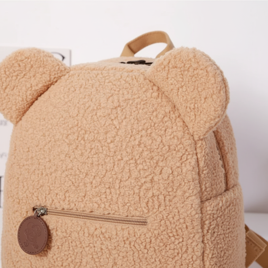 Fluffy plush bear backpack with flannel exterior and padded straps