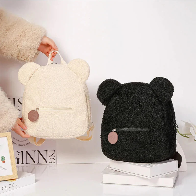 Fluffy plush bear backpack with flannel exterior and padded straps