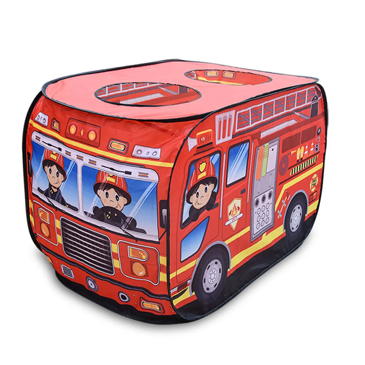 Foldable fire engine play tent with vibrant rescue graphics and ventilated design