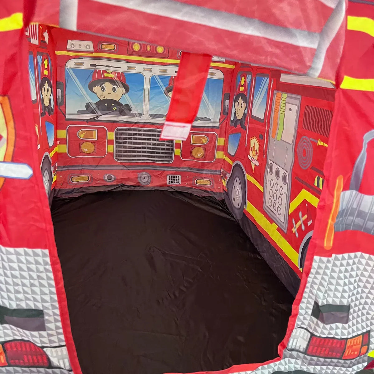 Foldable fire engine play tent with vibrant rescue graphics and ventilated design