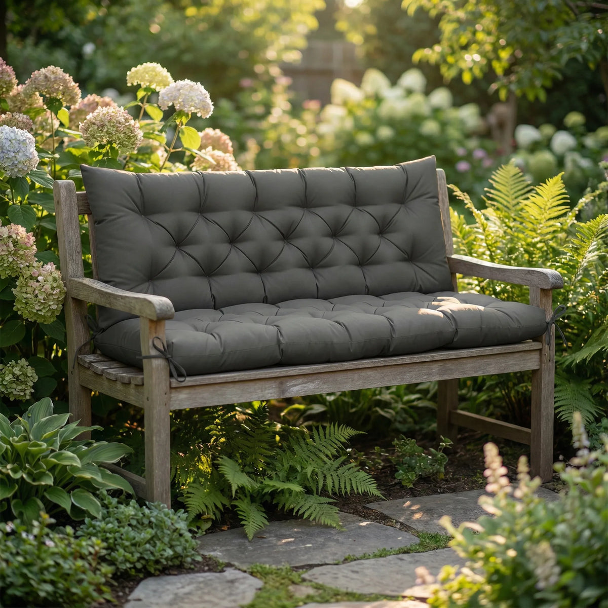 Tufted bench cushion set with water-repellent surface and corner ties