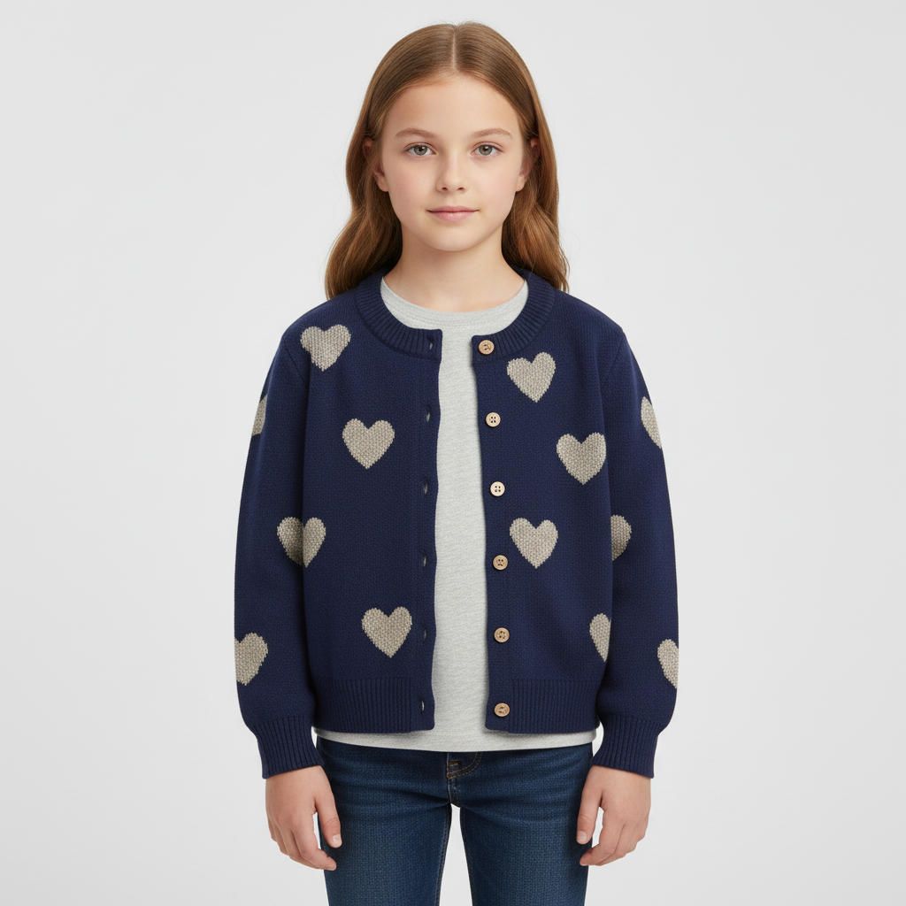 Kids knit cardigan with heart pattern and button front