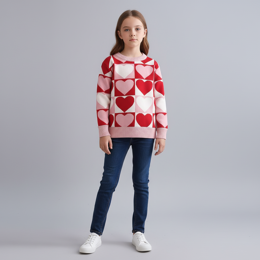 Girls knit sweater with heart check pattern and crewneck