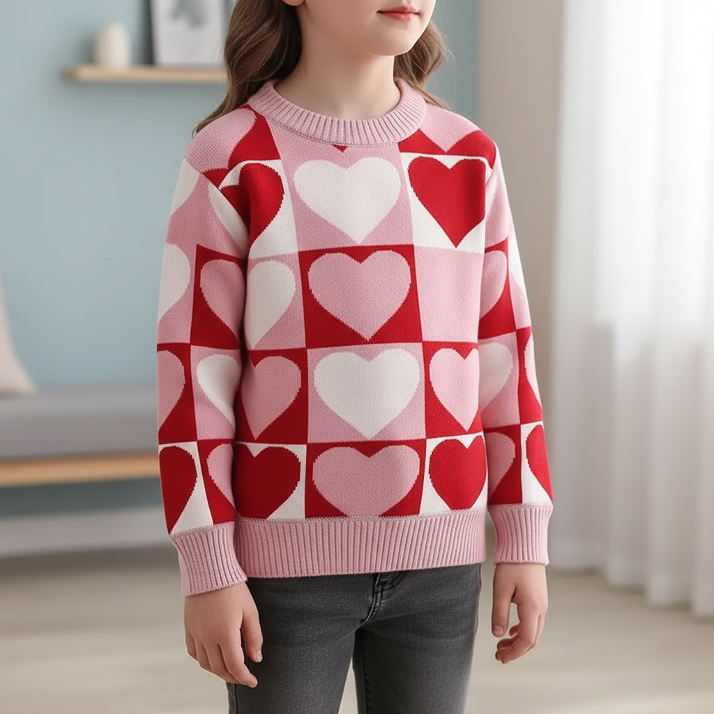 Girls knit sweater with heart check pattern and crewneck