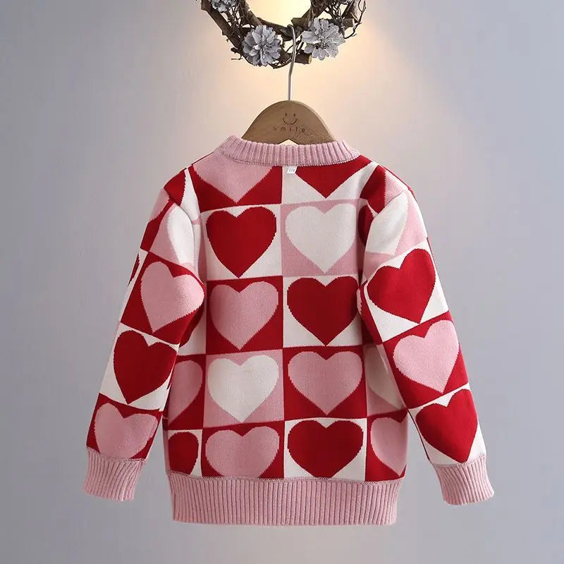 Girls knit sweater with heart check pattern and crewneck