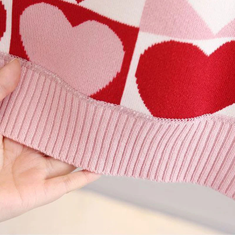 Girls knit sweater with heart check pattern and crewneck