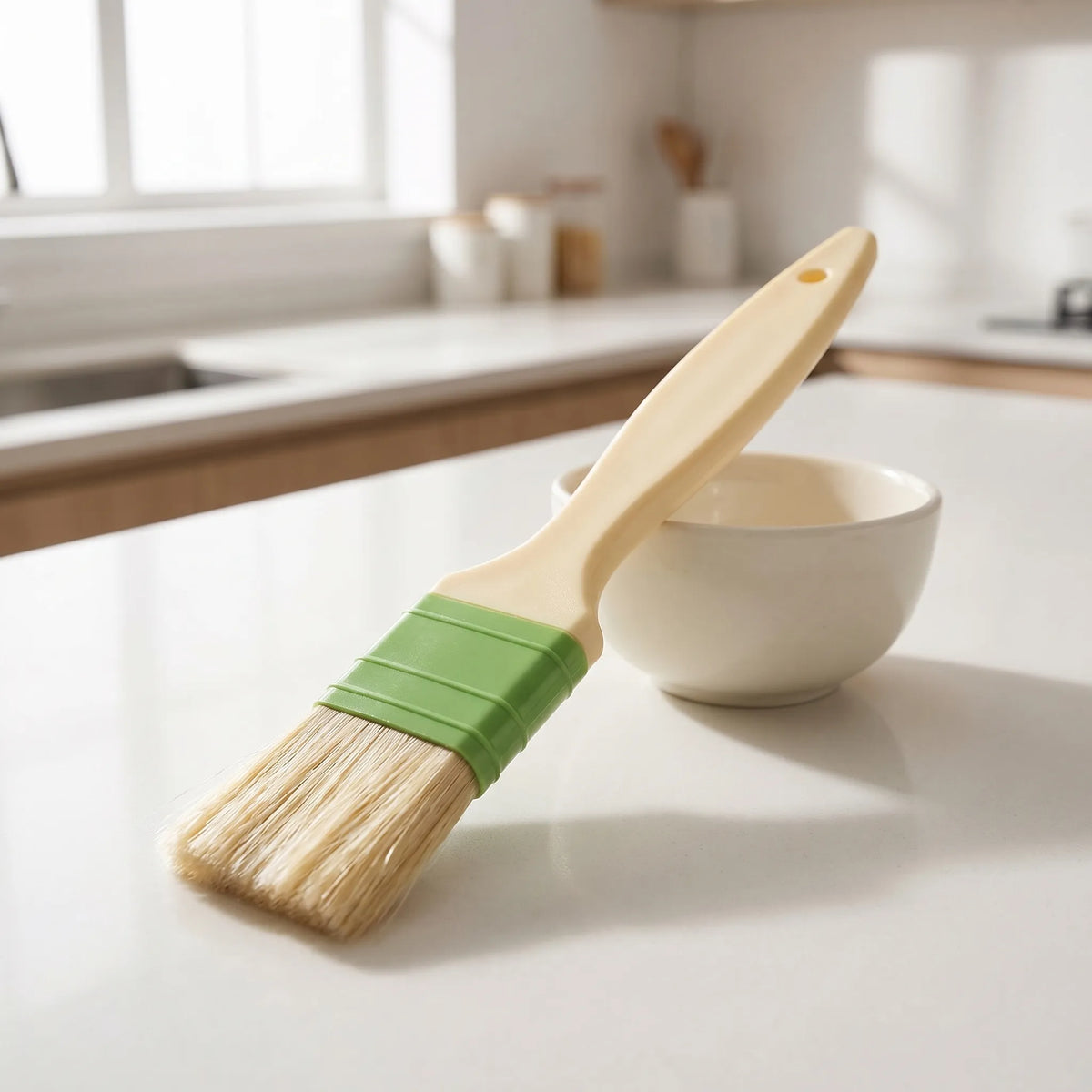 Pastry brush with dense bristles, hanging loop and lightweight handle