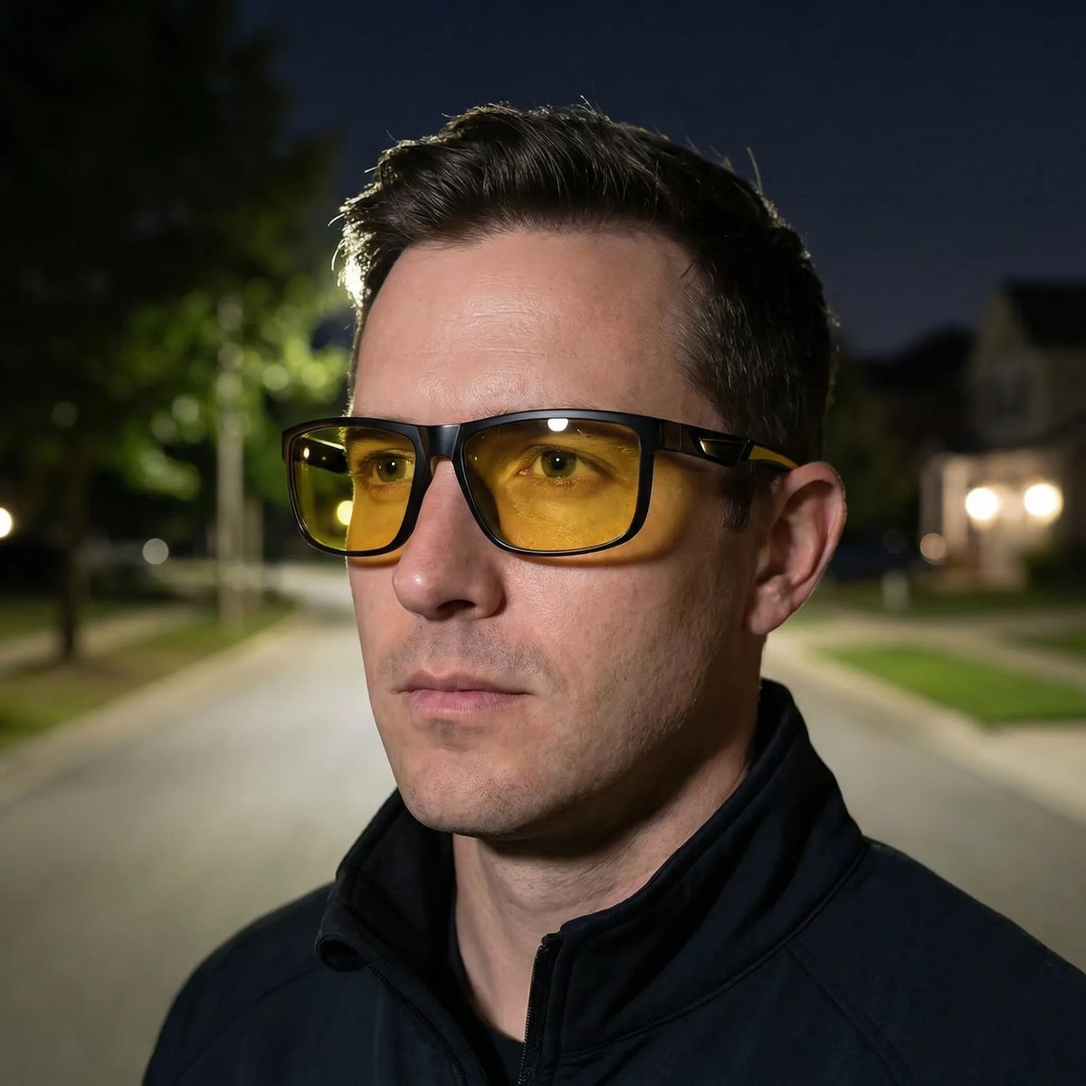 Square-frame driving glasses with yellow anti-glare lenses for night driving