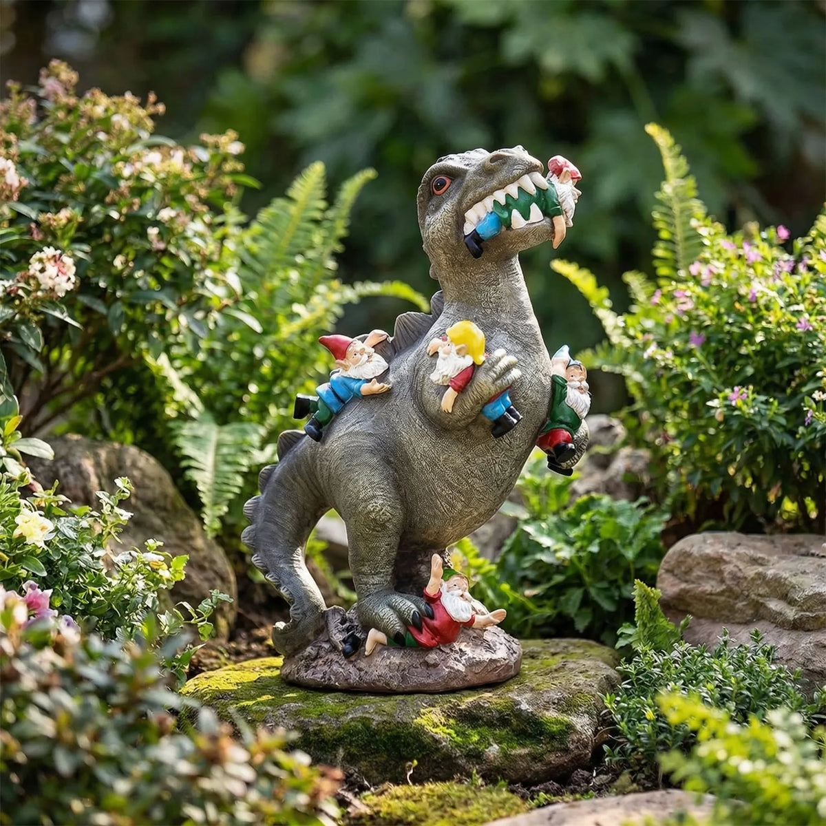 Hand-painted dinosaur garden figurine with gnomes, weather-resistant outdoor decor