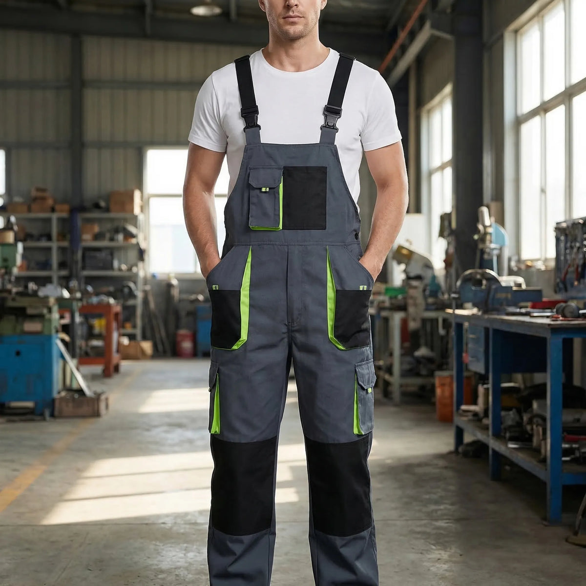 Men's work jumpsuit with multiple pockets and wear-resistant construction