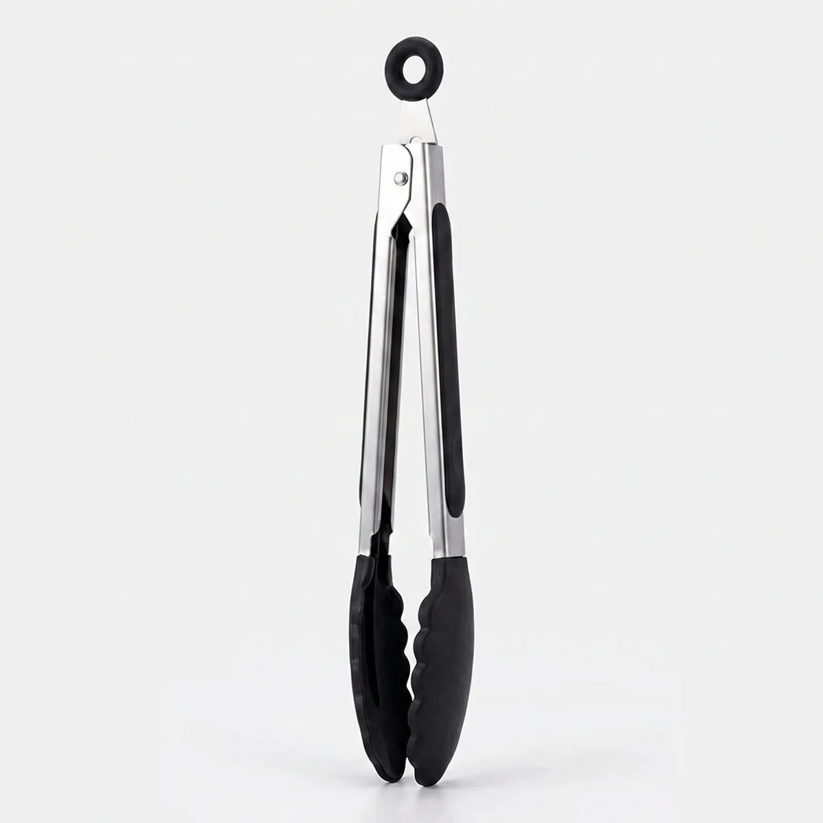 Kitchen tongs with scalloped head non-slip grip and locking storage