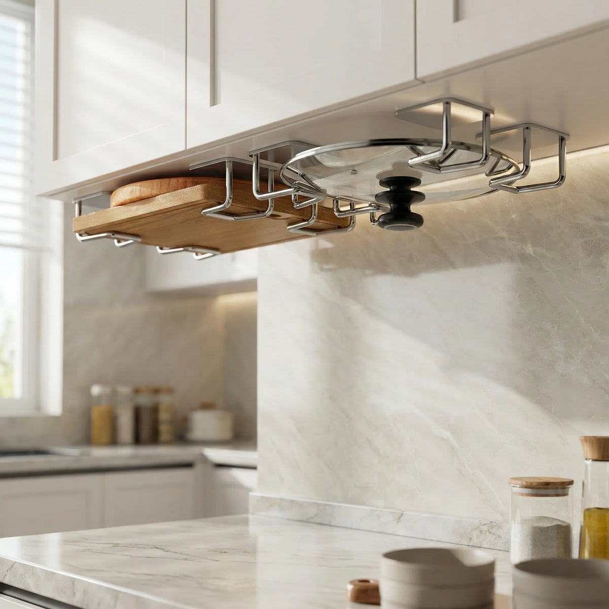 Under shelf multi hook rack with six hooked slots for storing pot lids and boards