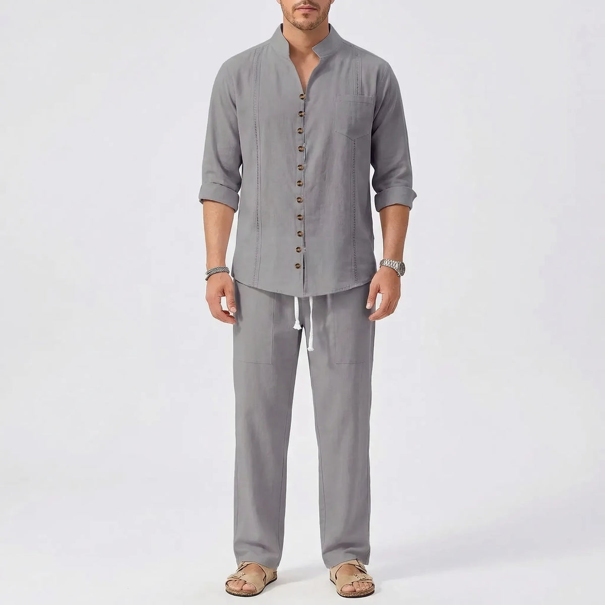 Cuban-collar beach shirt and matching trousers with roll-up sleeves