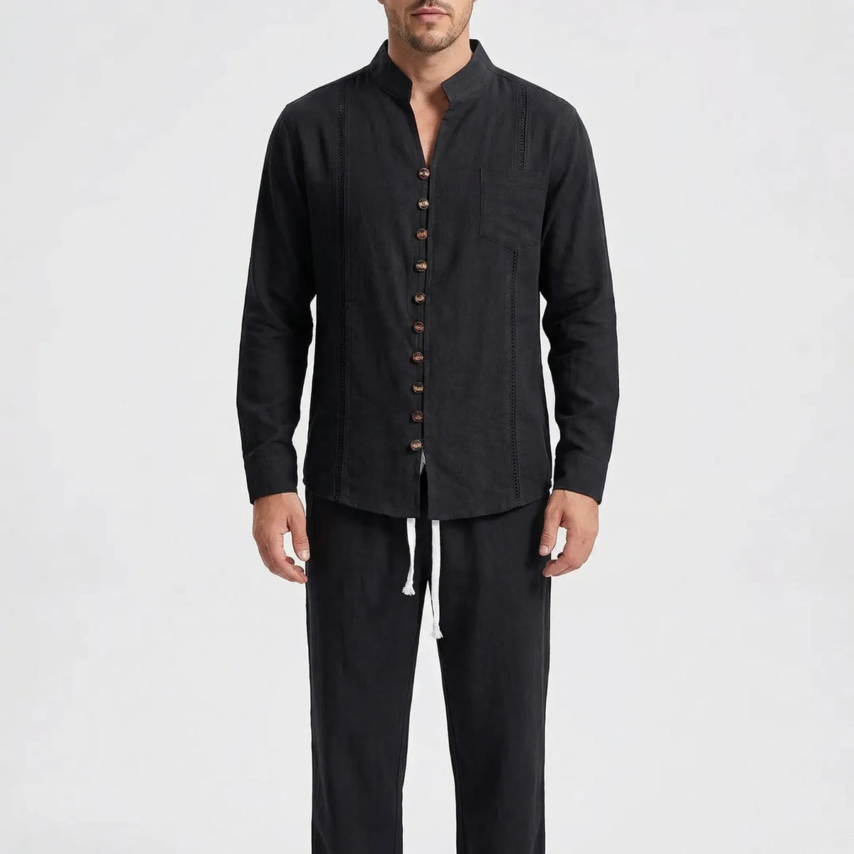 Cuban-collar beach shirt and matching trousers with roll-up sleeves