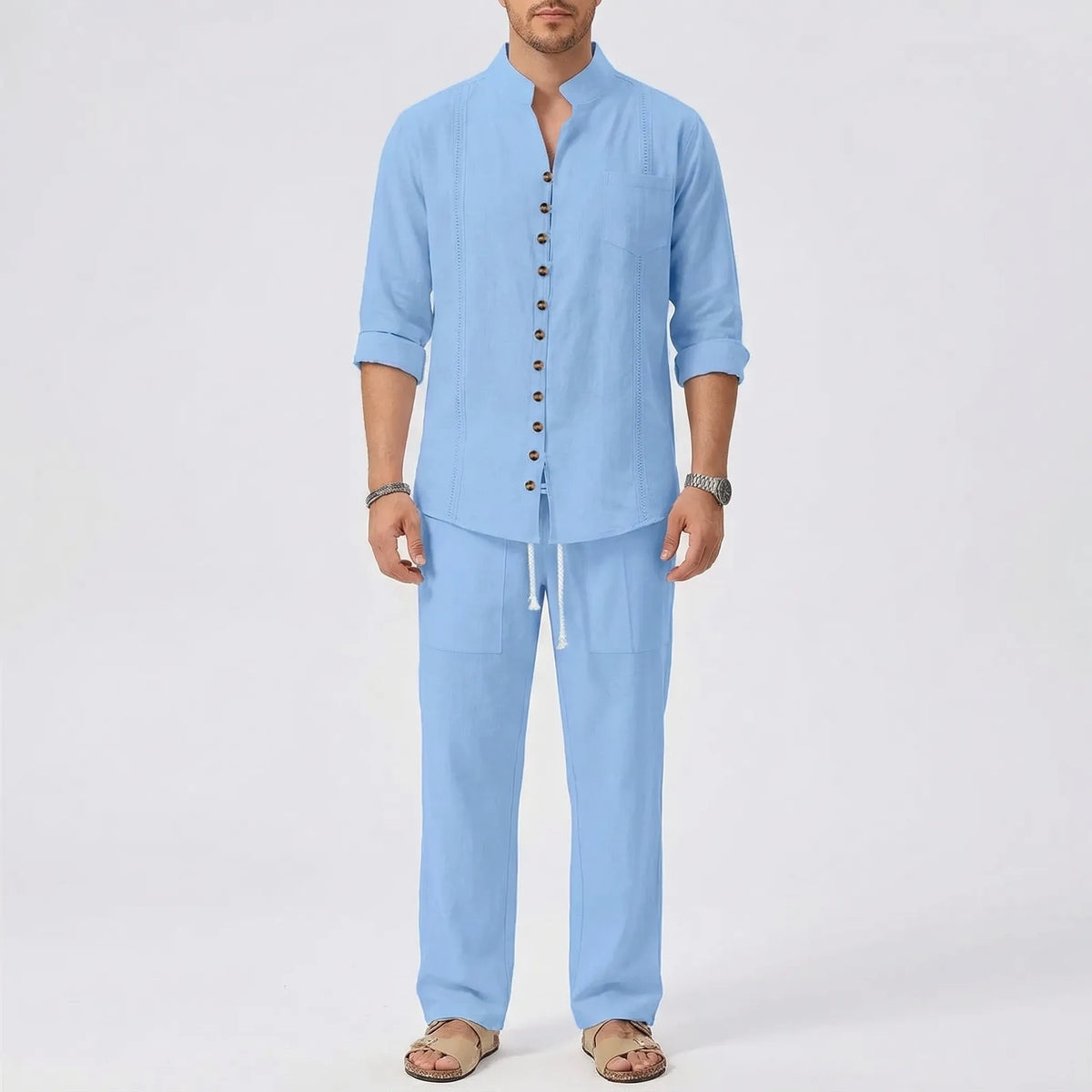 Cuban-collar beach shirt and matching trousers with roll-up sleeves