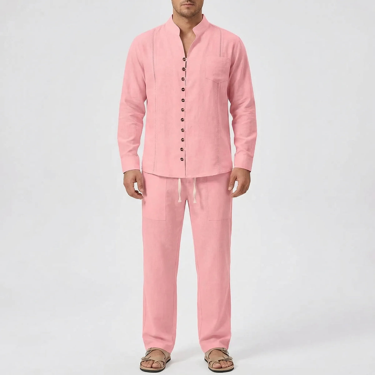 Cuban-collar beach shirt and matching trousers with roll-up sleeves