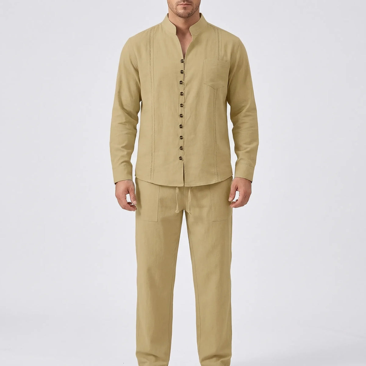Cuban-collar beach shirt and matching trousers with roll-up sleeves