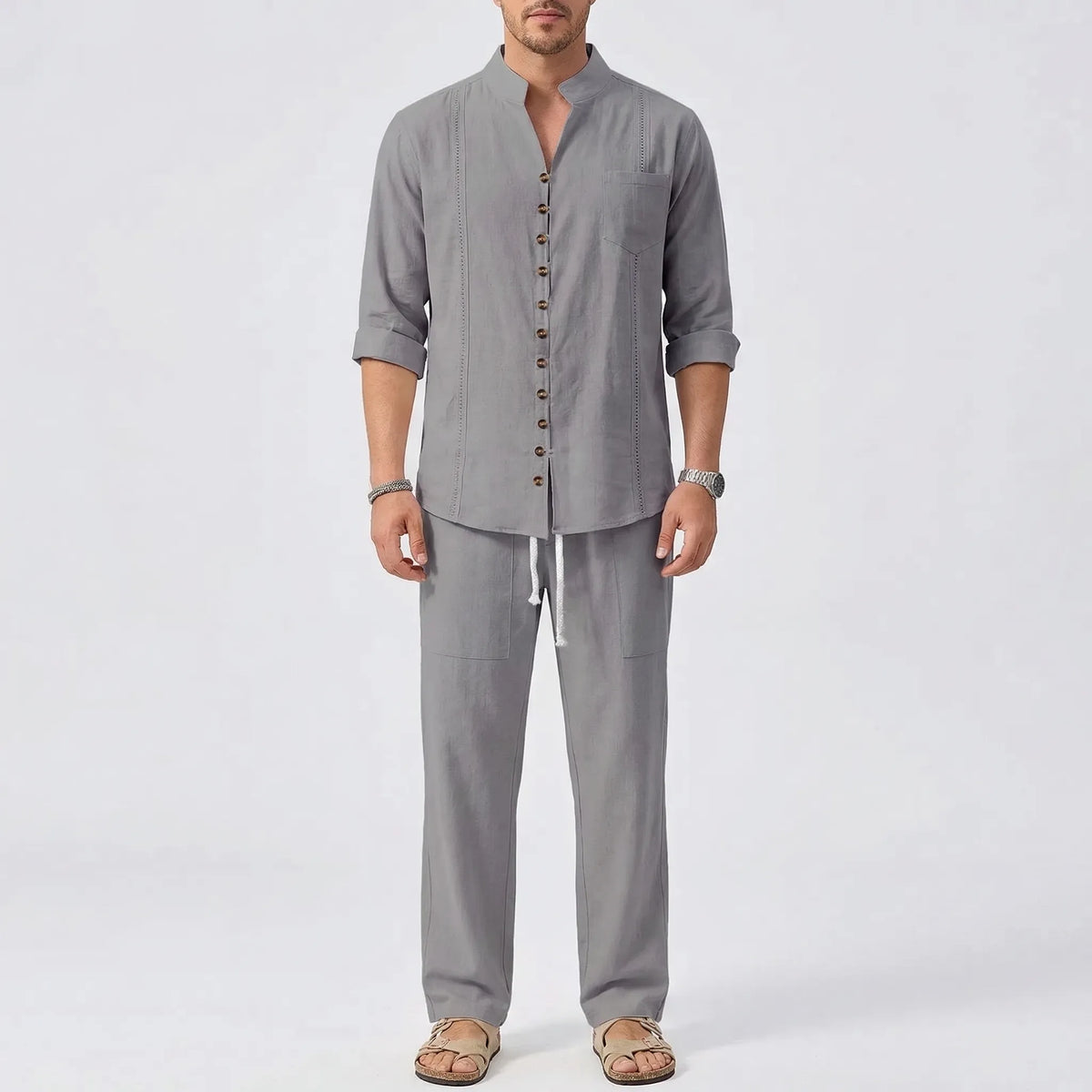 Cuban-collar beach shirt and matching trousers with roll-up sleeves