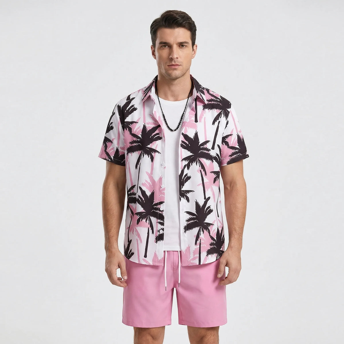 Men's Hawaiian shirt and shorts set with black and white print relaxed fit