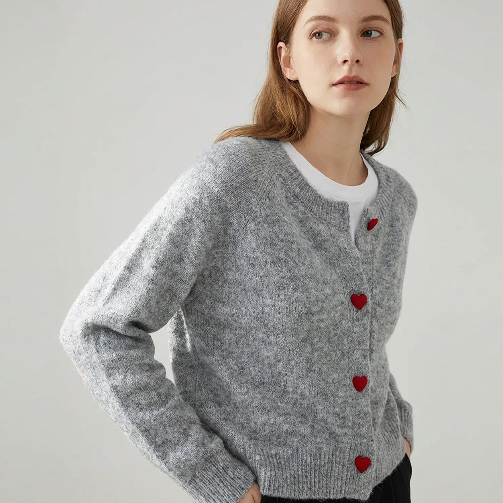 Deep grey chunky knitted cardigan with dropped shoulder sleeves and heart buttons
