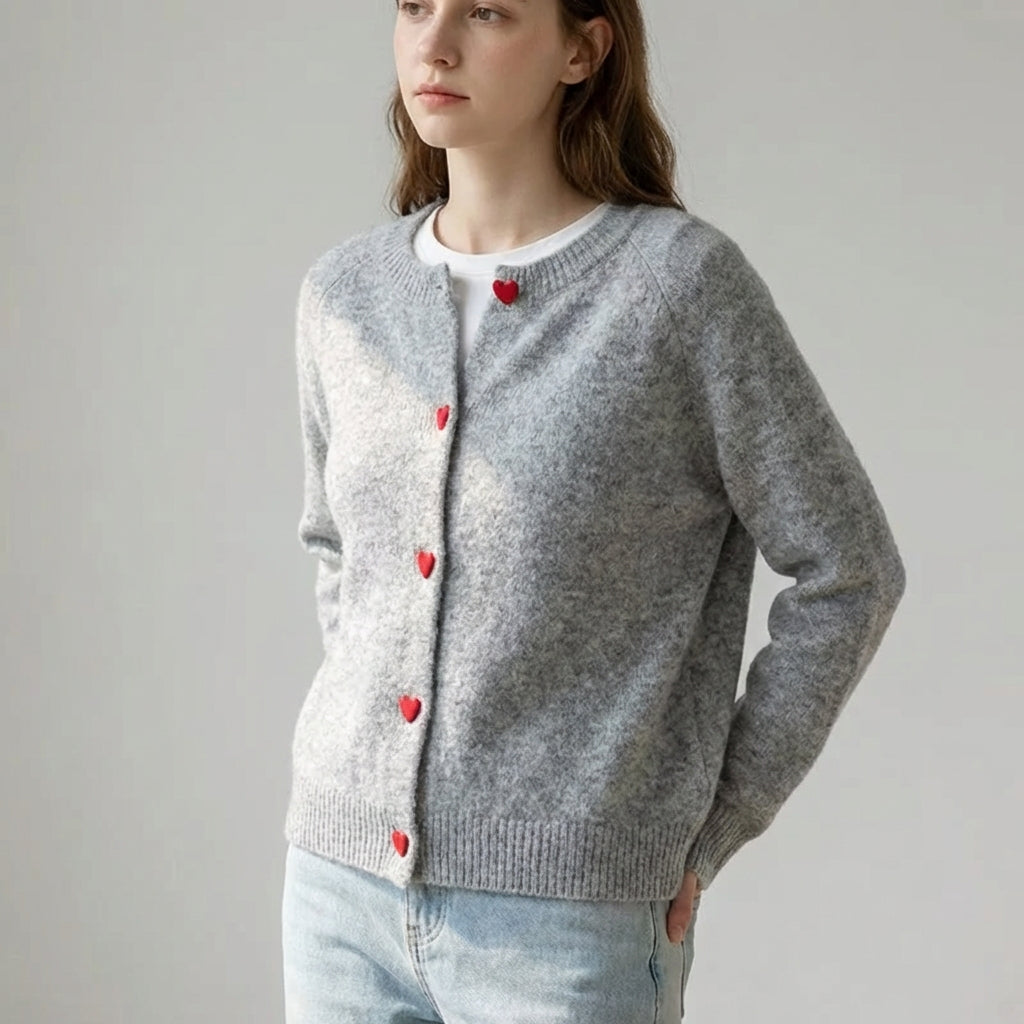 Deep grey chunky knitted cardigan with dropped shoulder sleeves and heart buttons