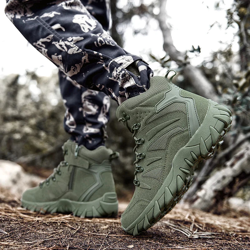 Men's high ankle tactical hiking boots with durable leather and aggressive tread