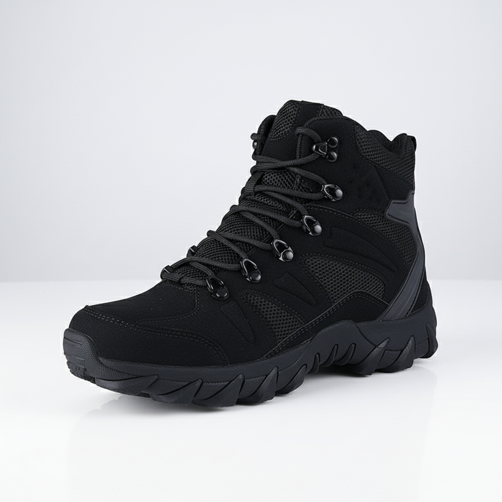 Men's high ankle tactical hiking boots with durable leather and aggressive tread