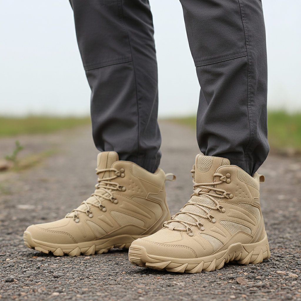 Men's high ankle tactical hiking boots with durable leather and aggressive tread