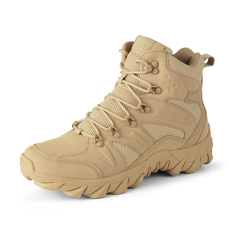Men's high ankle tactical hiking boots with durable leather and aggressive tread