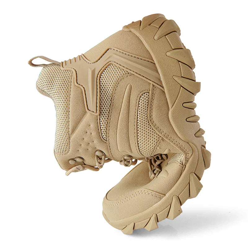 Men's high ankle tactical hiking boots with durable leather and aggressive tread