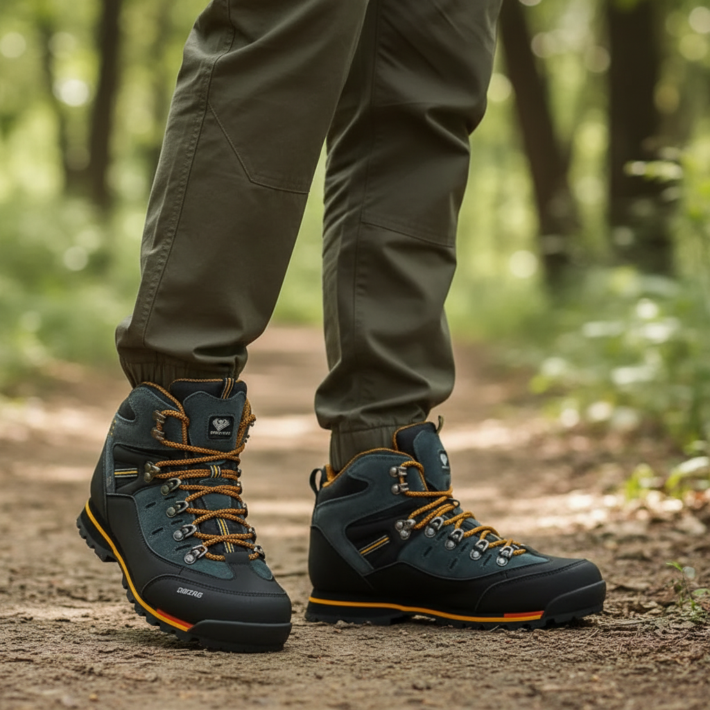 High-top leather hiking boots with ankle protection and grippy sole