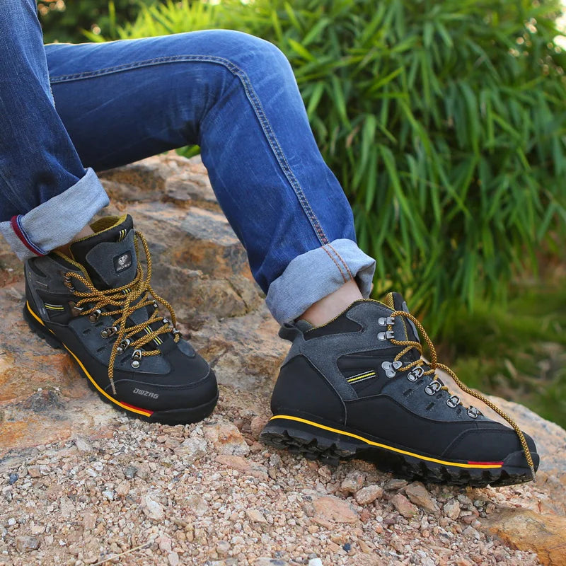 High-top leather hiking boots with ankle protection and grippy sole