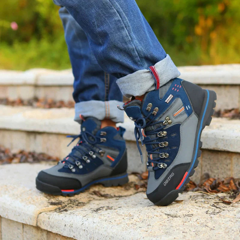 High-top leather hiking boots with ankle protection and grippy sole