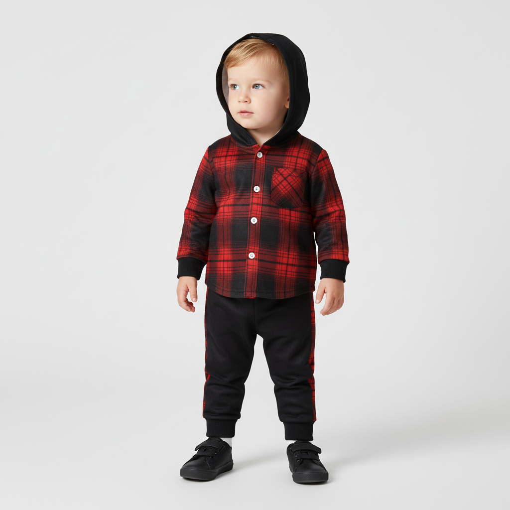 Toddler hooded fleece lined set with check pattern jacket and pants