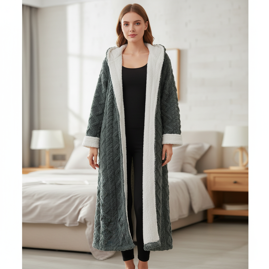 Long hooded bathrobe with thick plush insulation and ankle-length coverage