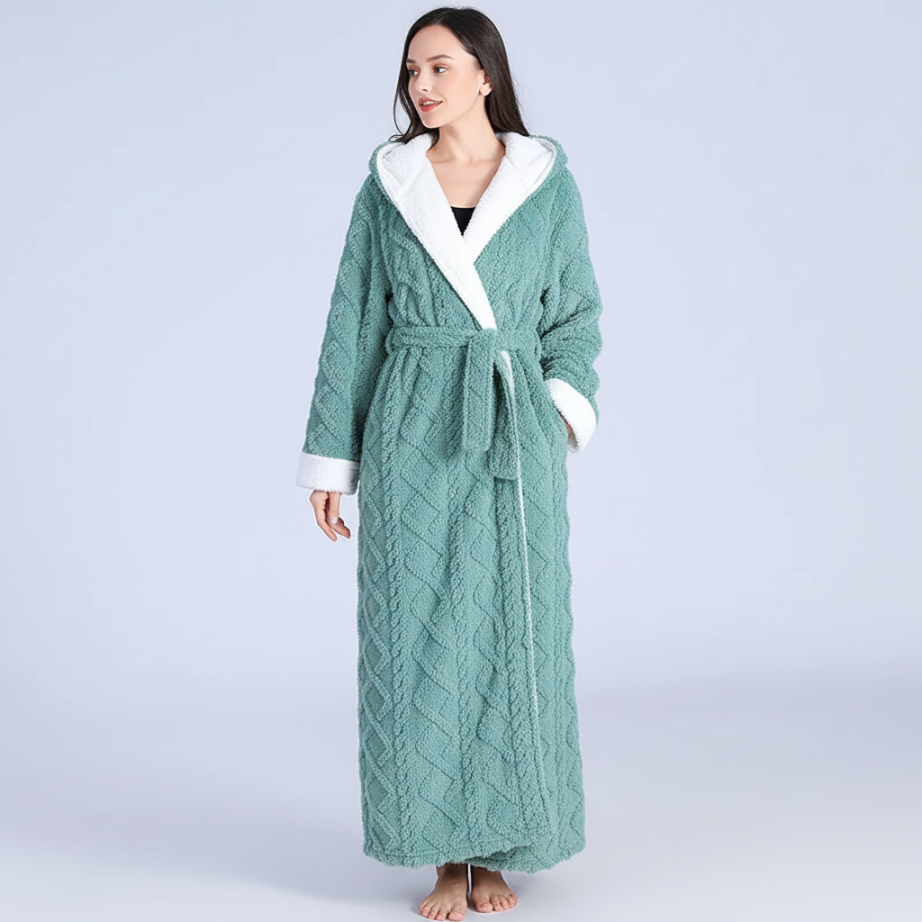 Long hooded bathrobe with thick plush insulation and ankle-length coverage