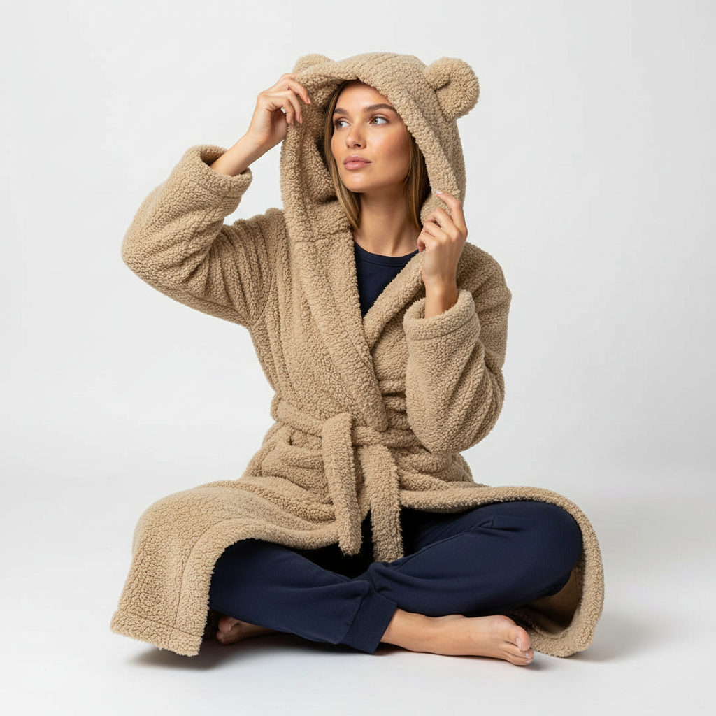 Hooded knee length robe with double-sided fleece and ear accents