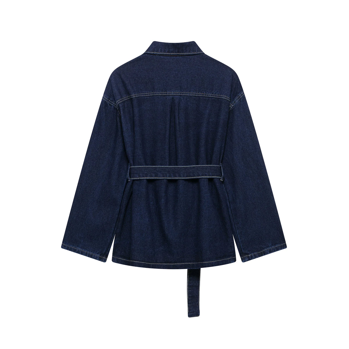 Women's denim co-ord set with belted jacket and wide-leg pants in indigo wash