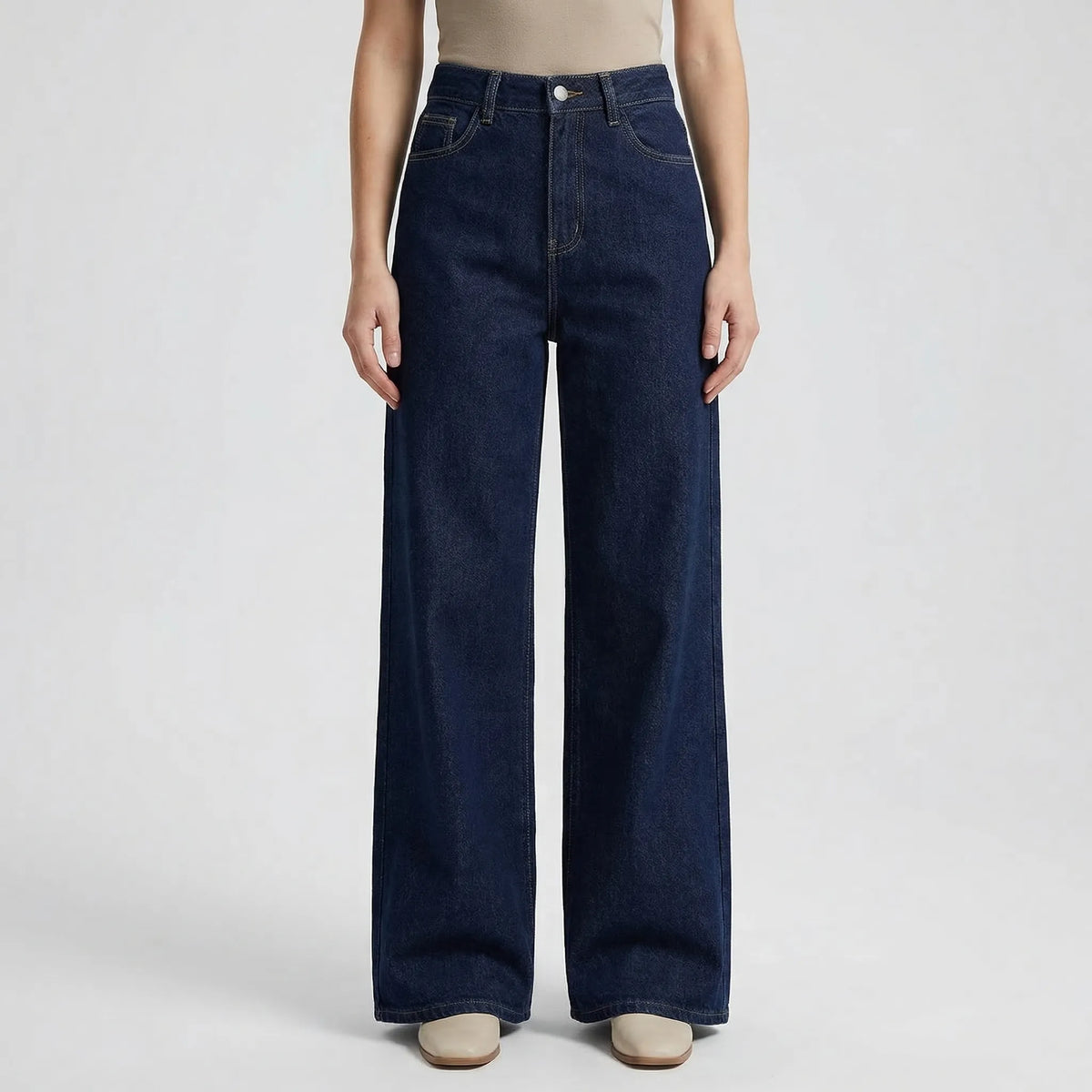 Women's denim co-ord set with belted jacket and wide-leg pants in indigo wash