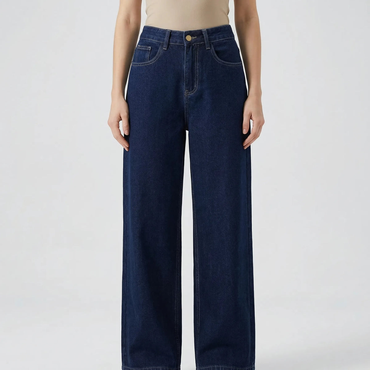 Women's denim co-ord set with belted jacket and wide-leg pants in indigo wash