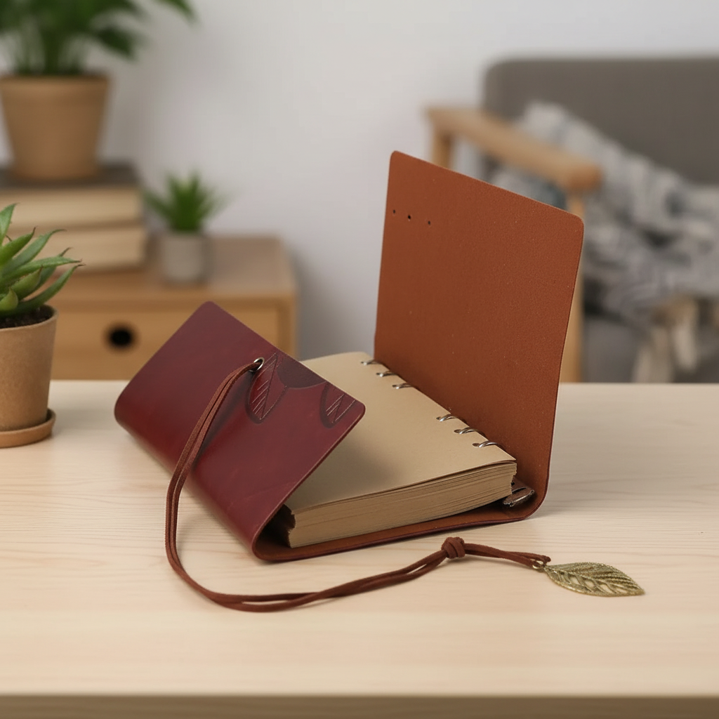 Compact ring-bound journal with embossed leaf cover and vintage pendant closure