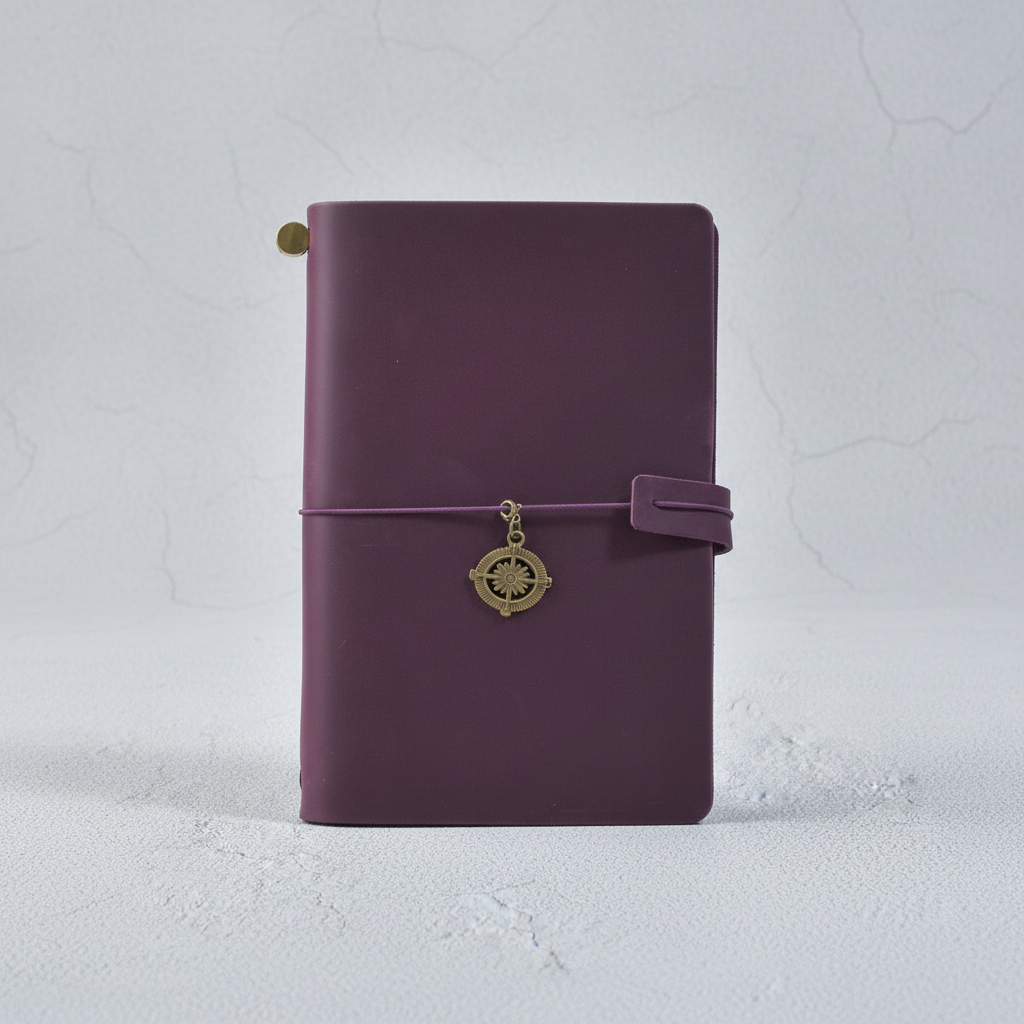 Refillable travel journal with retro handmade appearance and customisable charm accents