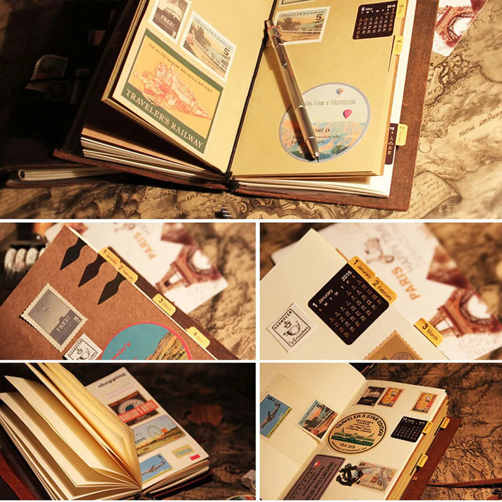 Refillable travel journal with retro handmade appearance and customisable charm accents