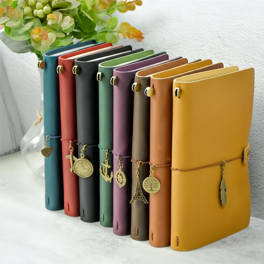 Refillable travel journal with retro handmade appearance and customisable charm accents