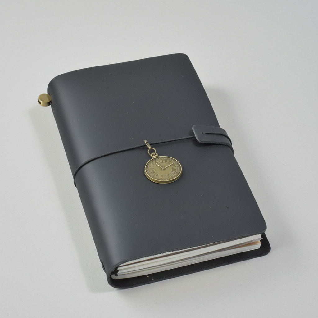 Refillable travel journal with retro handmade appearance and customisable charm accents