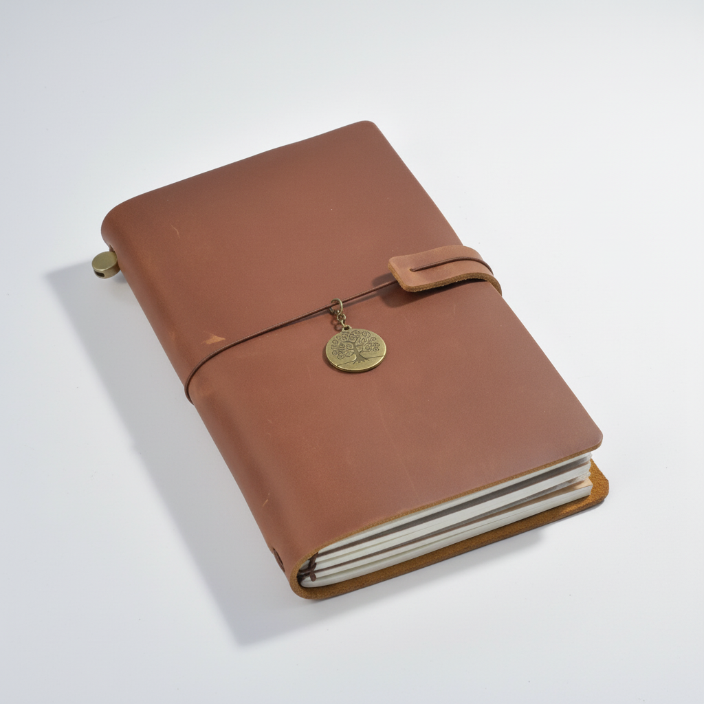Refillable travel journal with retro handmade appearance and customisable charm accents
