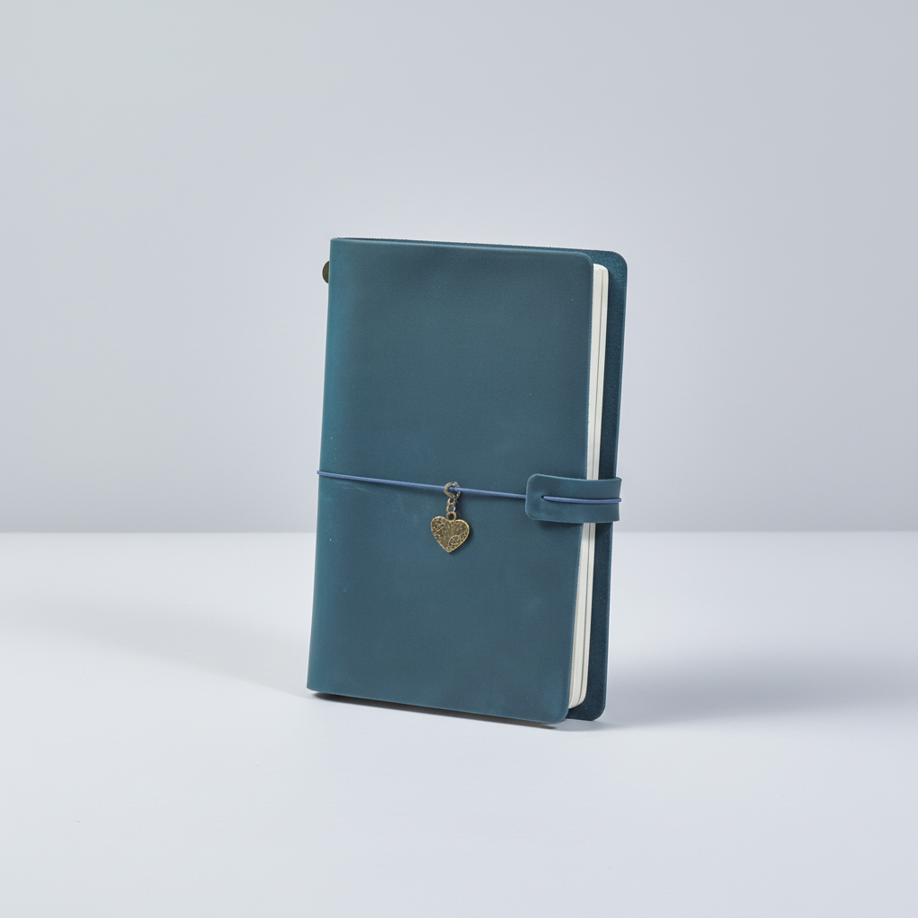 Refillable travel journal with retro handmade appearance and customisable charm accents