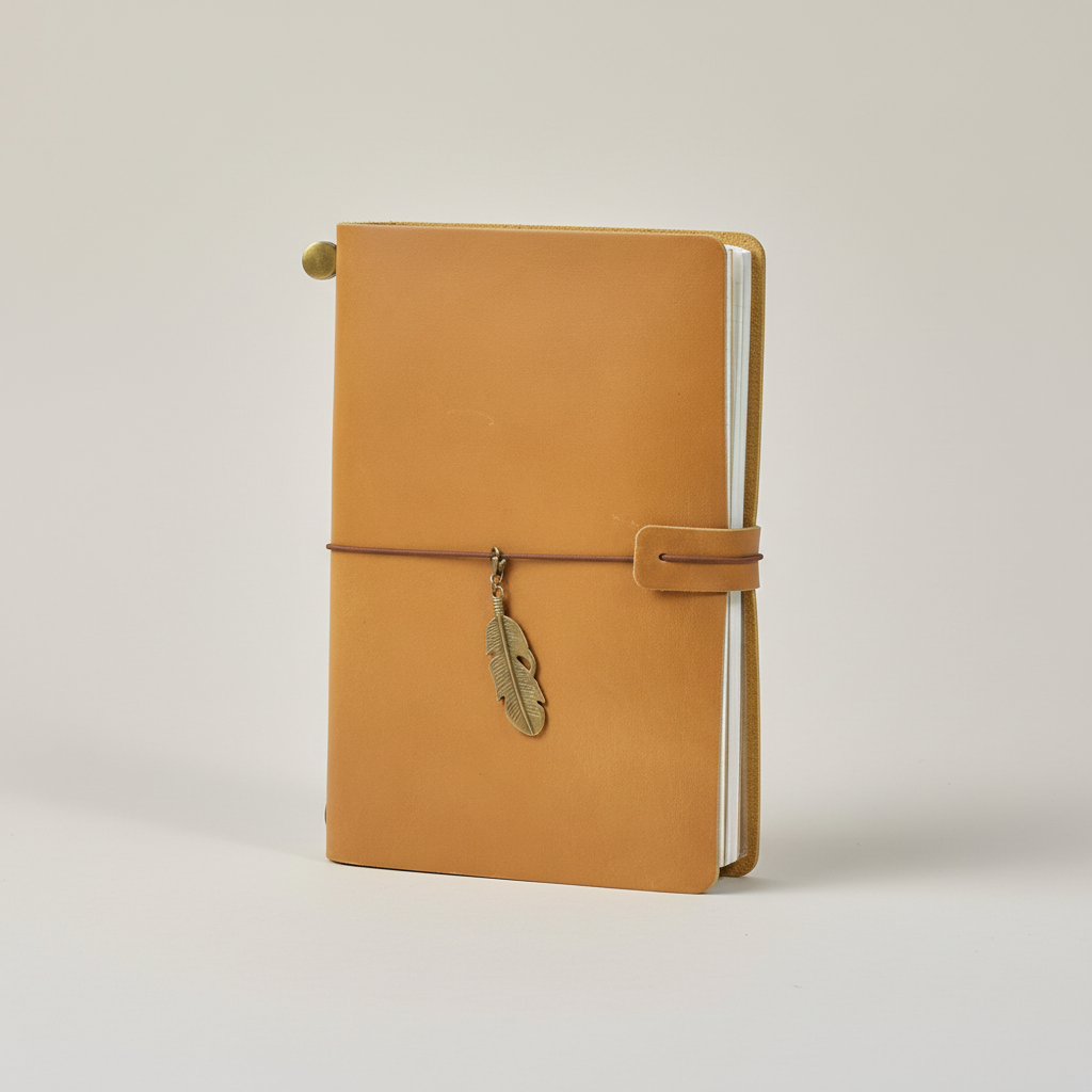 Refillable travel journal with retro handmade appearance and customisable charm accents