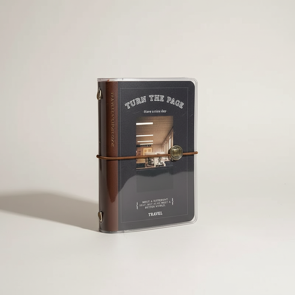 Passport travel notebook with refillable pages and elastic closure